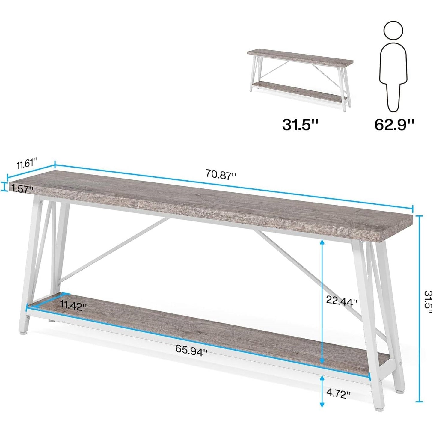 Mesa de sofá de madera gris industrial resistente de 70 pulgadas con marco de metal blanco