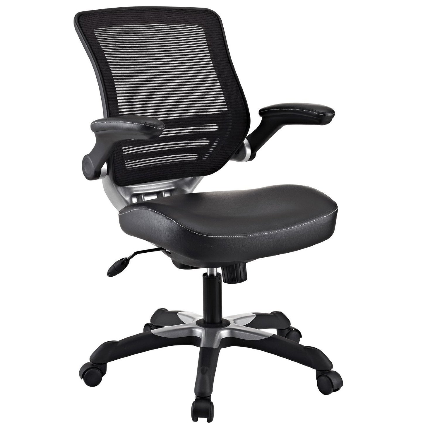 Moderna silla de oficina ergonómica con respaldo de malla negra y brazos abatibles