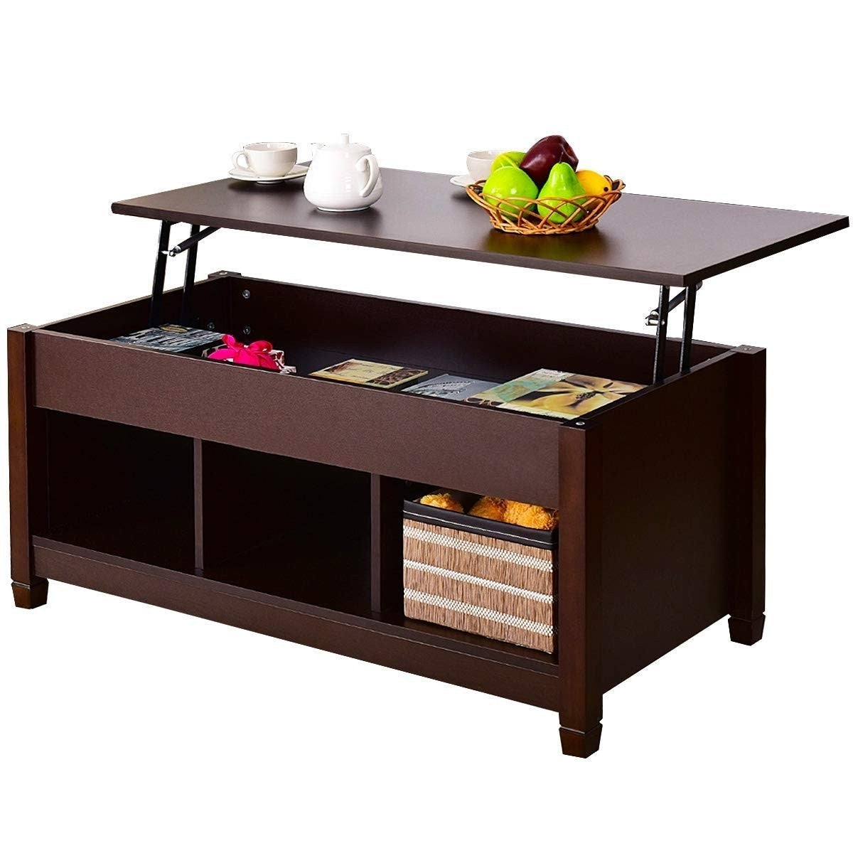 Mesa de centro elevable de madera marrón con almacenamiento oculto