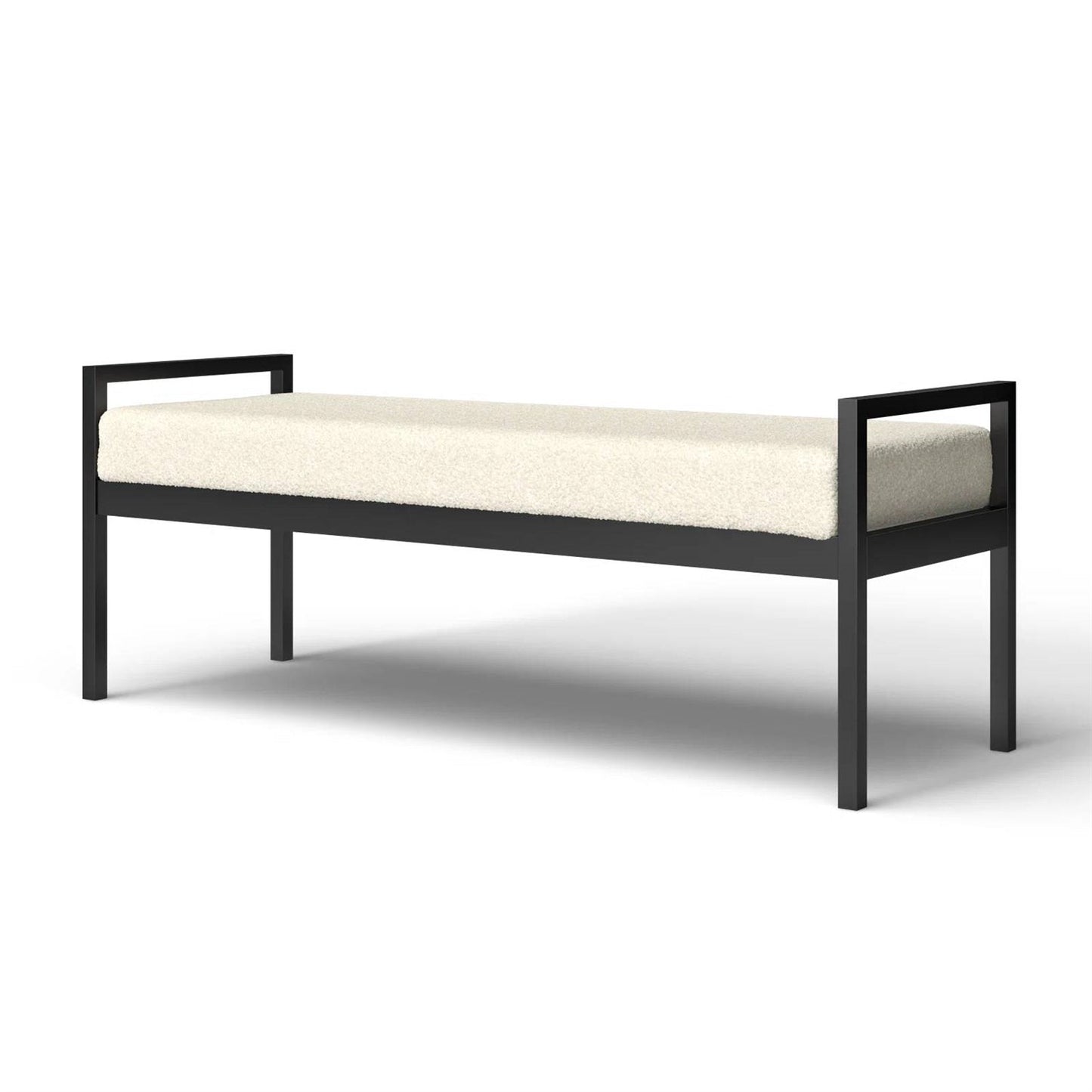 Banco de cama industrial moderno con estructura de metal negro y cojín tapizado color crema