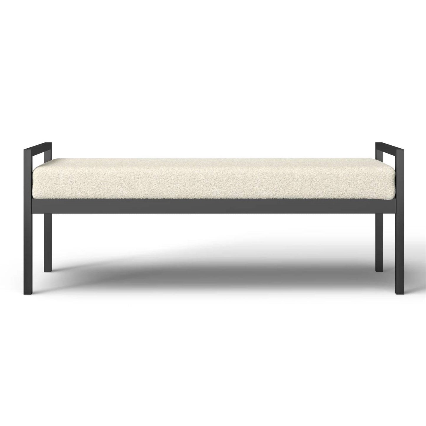 Banco de cama industrial moderno con estructura de metal negro y cojín tapizado color crema
