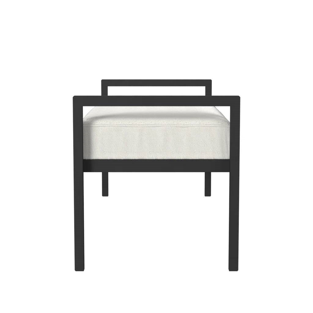 Banco de cama industrial moderno con estructura de metal negro y cojín tapizado color crema