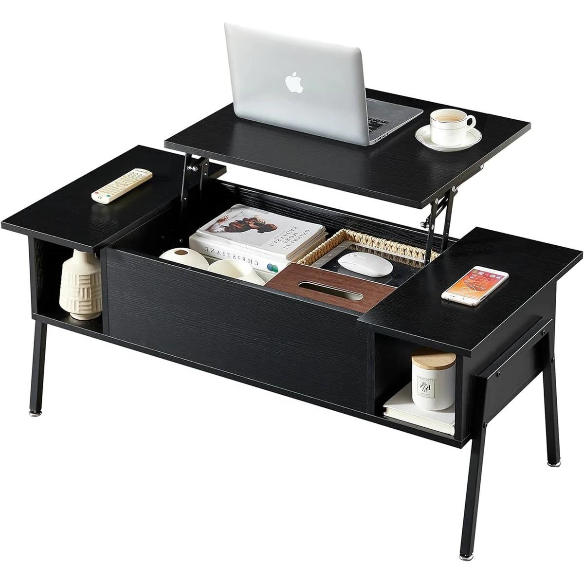 Mesa de centro elevable moderna con escritorio para laptop y estante de almacenamiento en acabado de madera negra