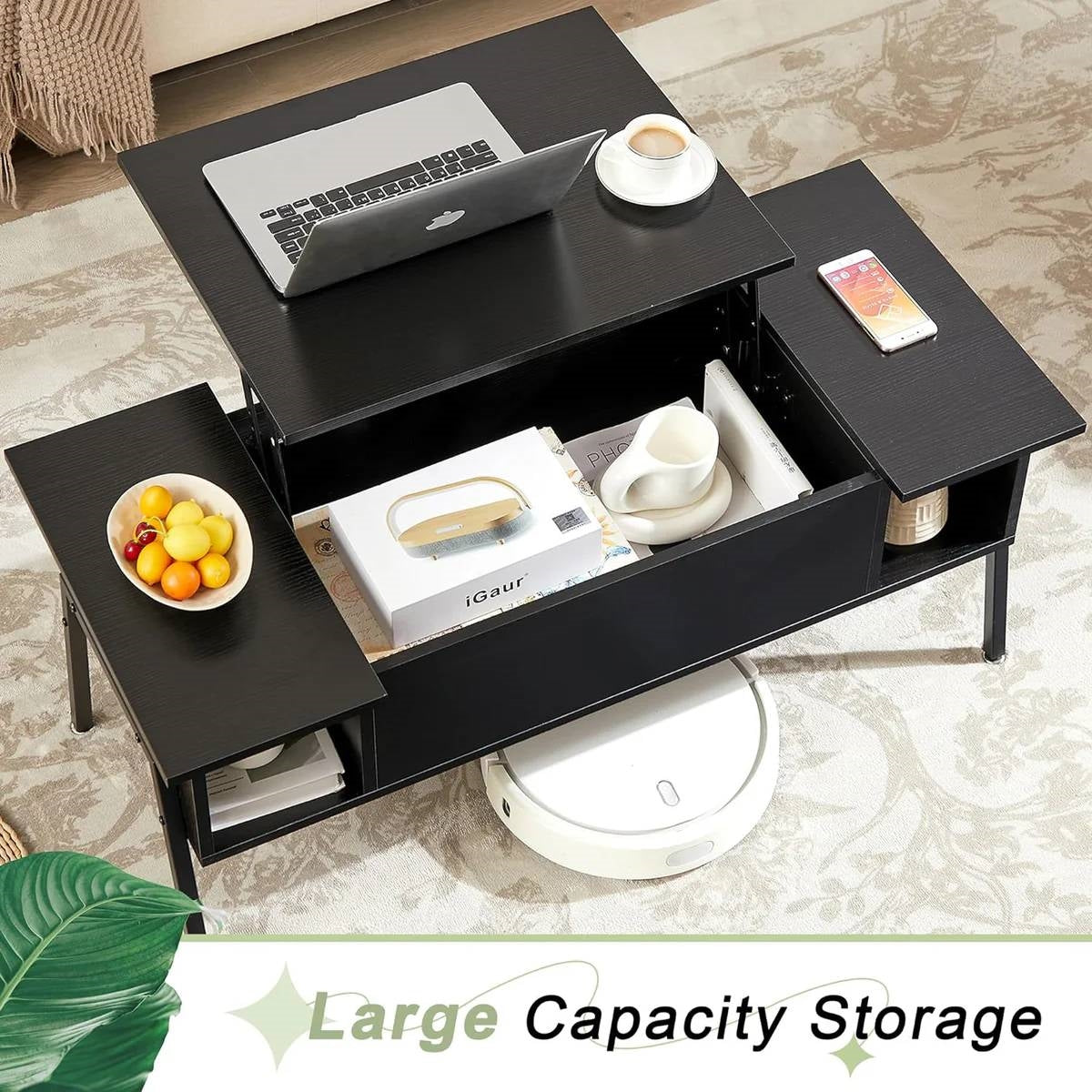 Mesa de centro elevable moderna con escritorio para laptop y estante de almacenamiento en acabado de madera negra