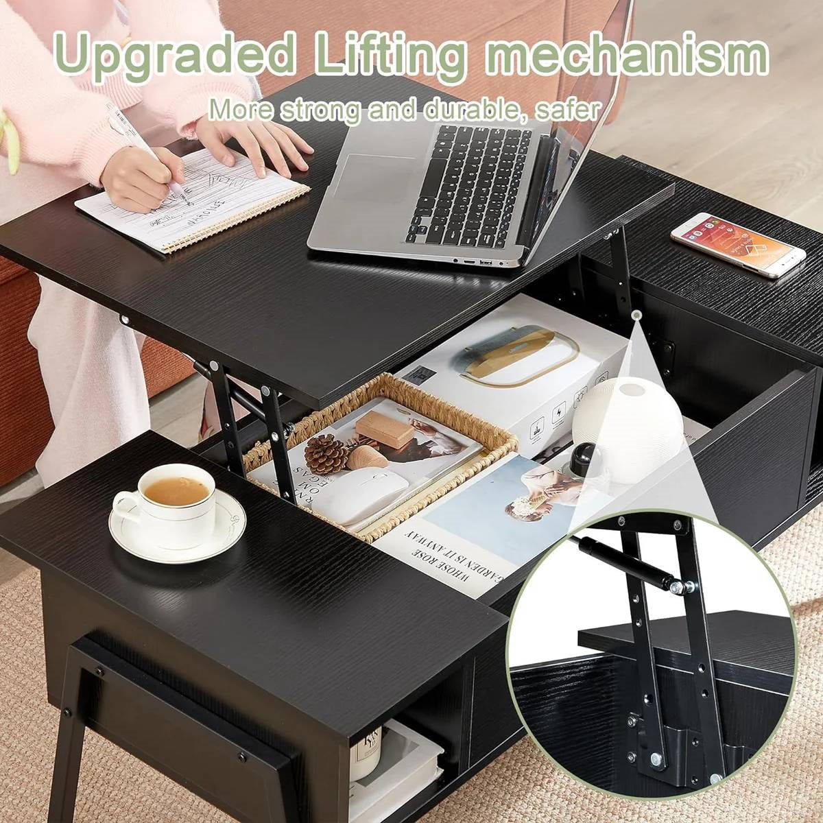 Mesa de centro elevable moderna con escritorio para laptop y estante de almacenamiento en acabado de madera negra