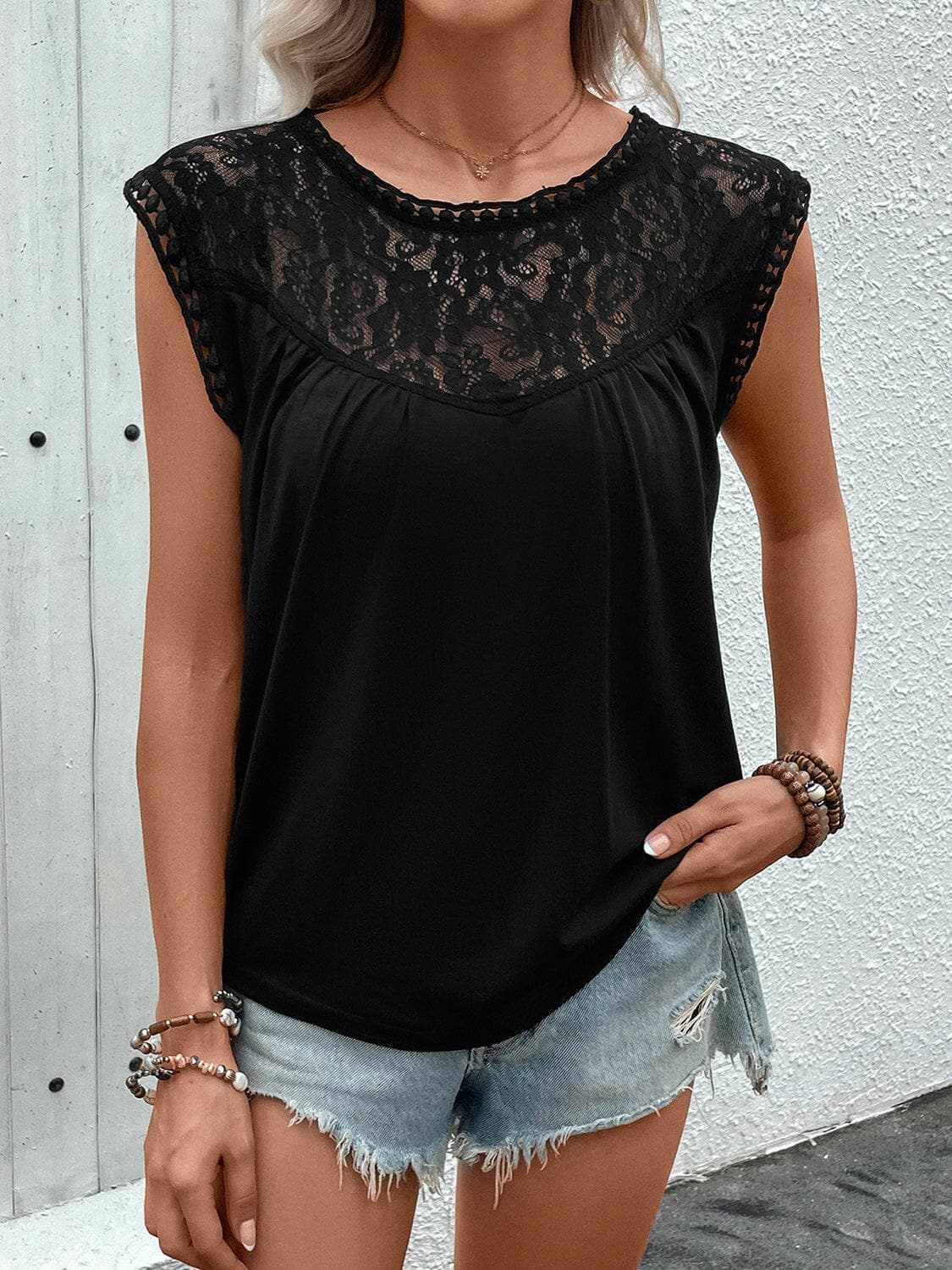 T-Shirts Trendsi Lace cap sleeve tee - elegant style