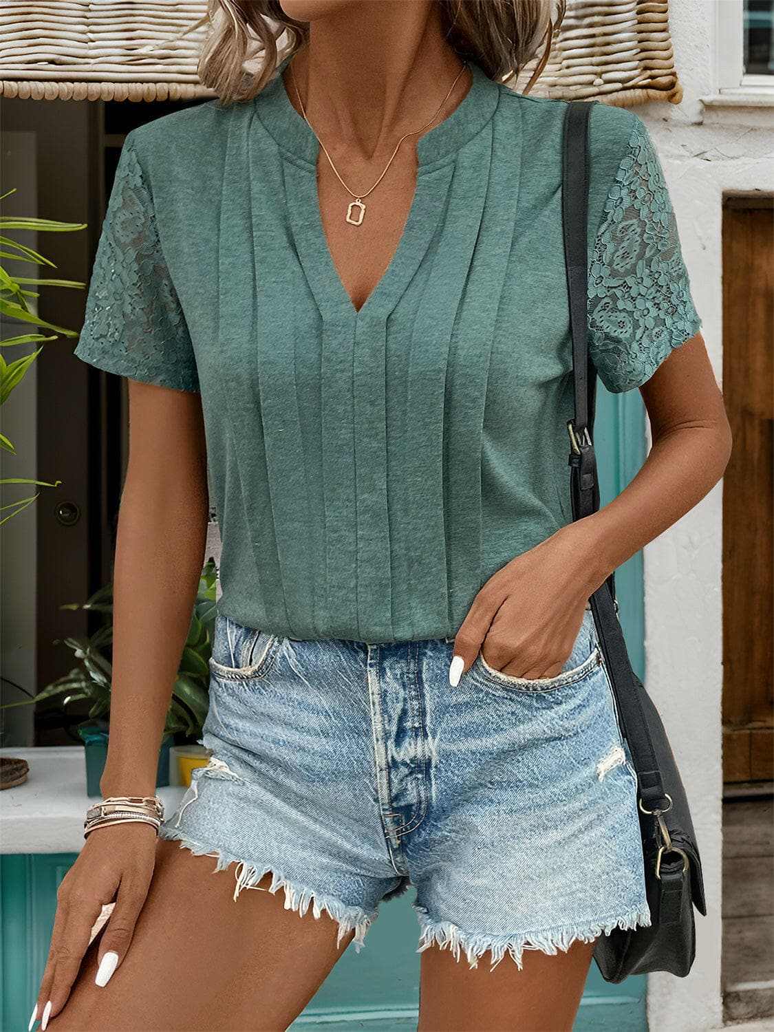 T-Shirts Trendsi Lace detail notched tee - S to XL