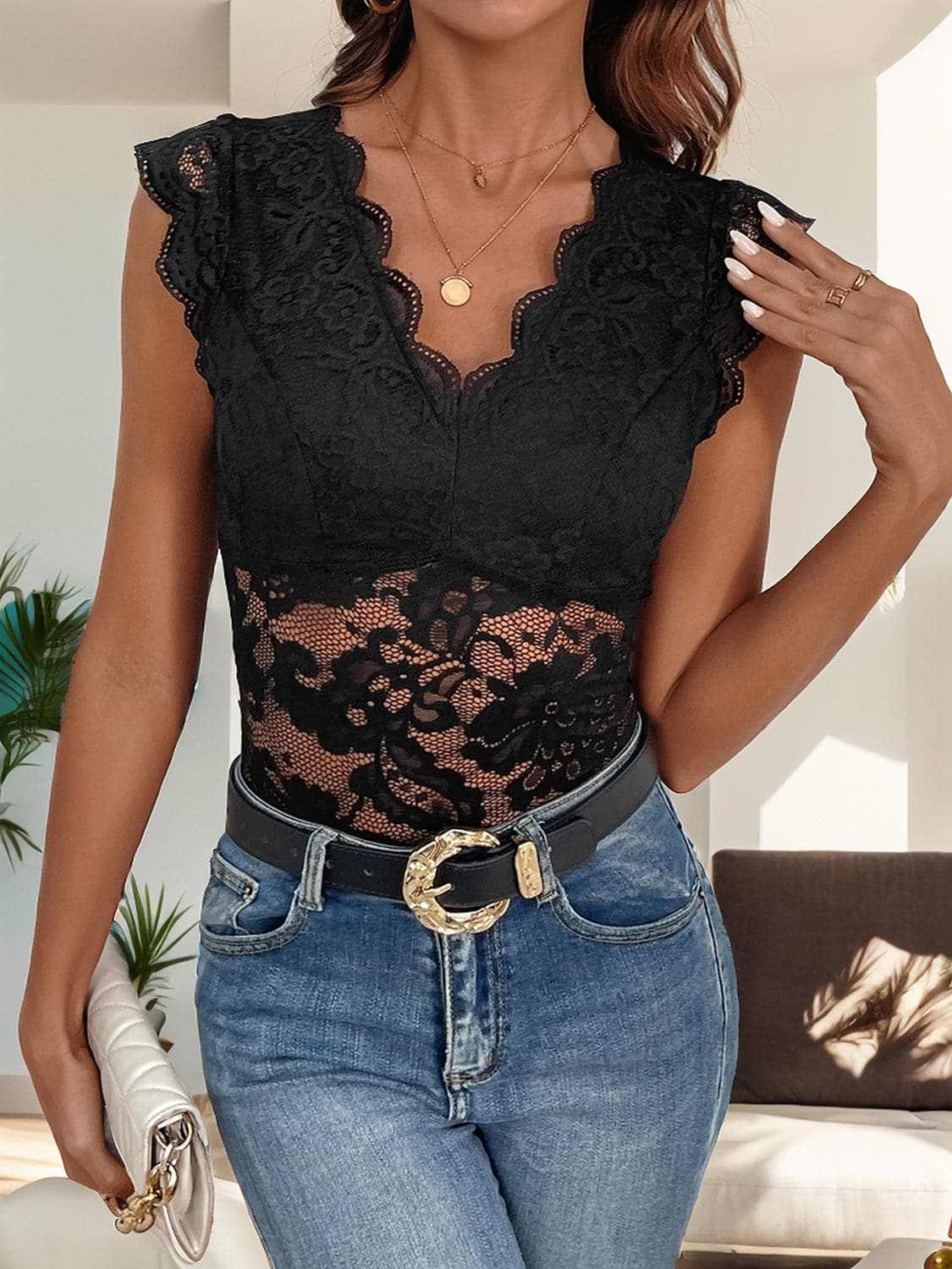 Bodysuits Trendsi Lace v-neck bodysuit with sheer details