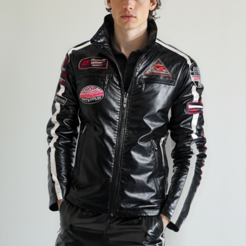 Chaqueta de cuero vegano para motociclista con insignias para hombre