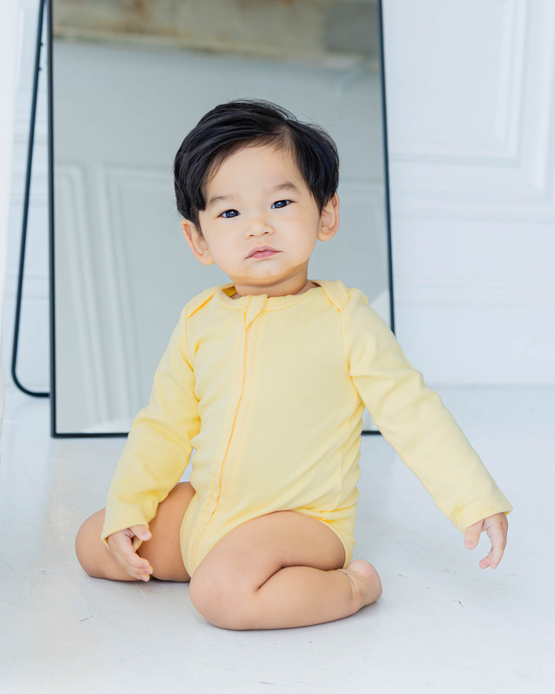 Long Sleeve Zipper Bodysuit in Lemon, 0-3M