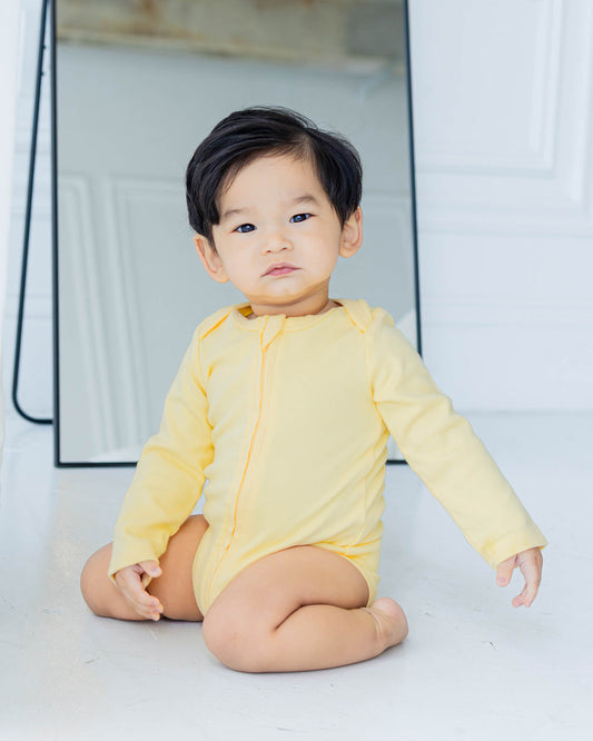 Long Sleeve Zipper Bodysuit in Lemon, 0-3M