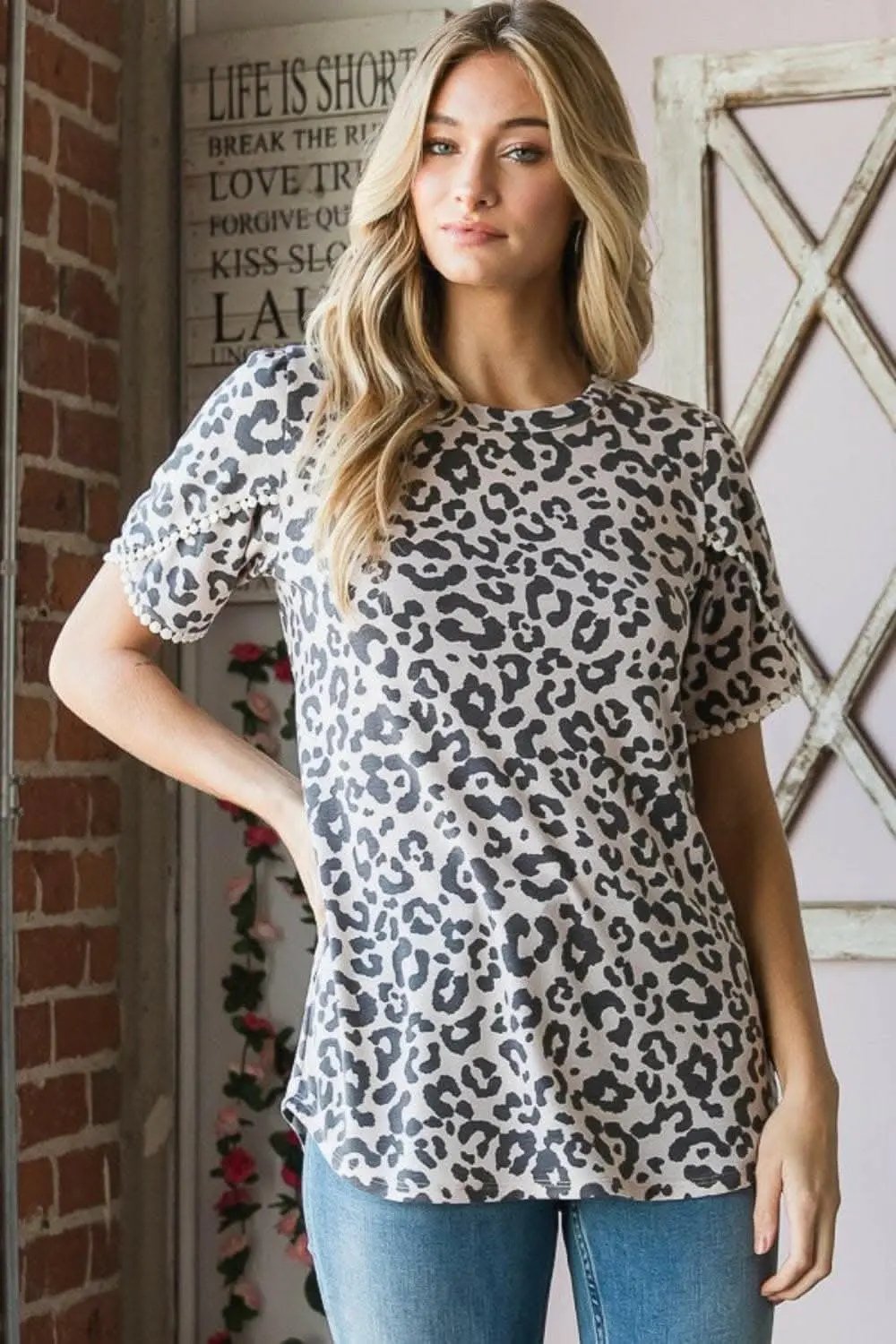 Trendsi Leopard Print Tee With Petal Sleeves — Casual Round Neck