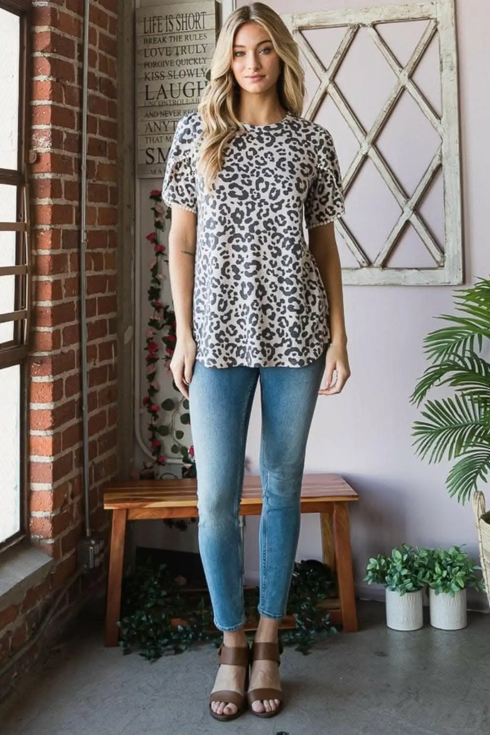 Trendsi Leopard Print Tee With Petal Sleeves — Casual Round Neck