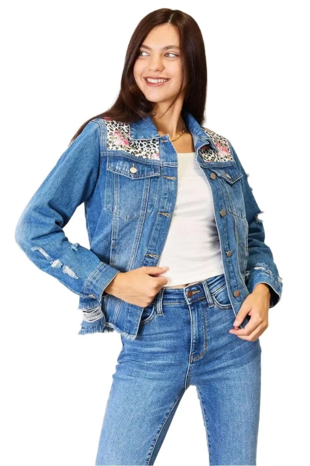 Chaqueta de mezclilla desgastada con estampado floral de leopardo para mujer de Trendsi
