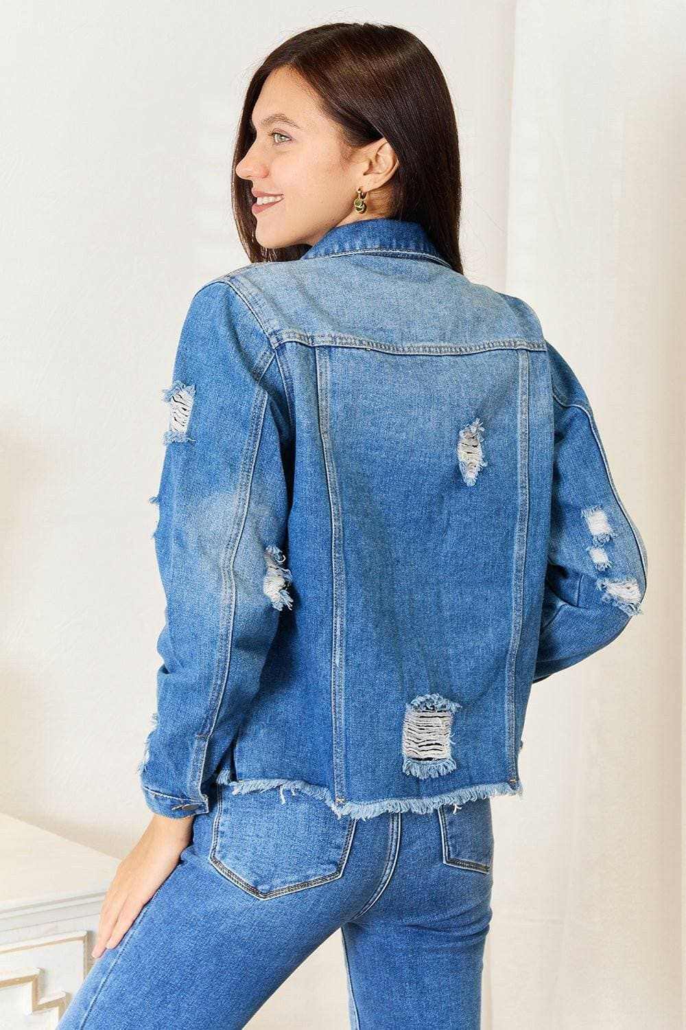 Chaqueta de mezclilla desgastada con estampado floral de leopardo para mujer de Trendsi