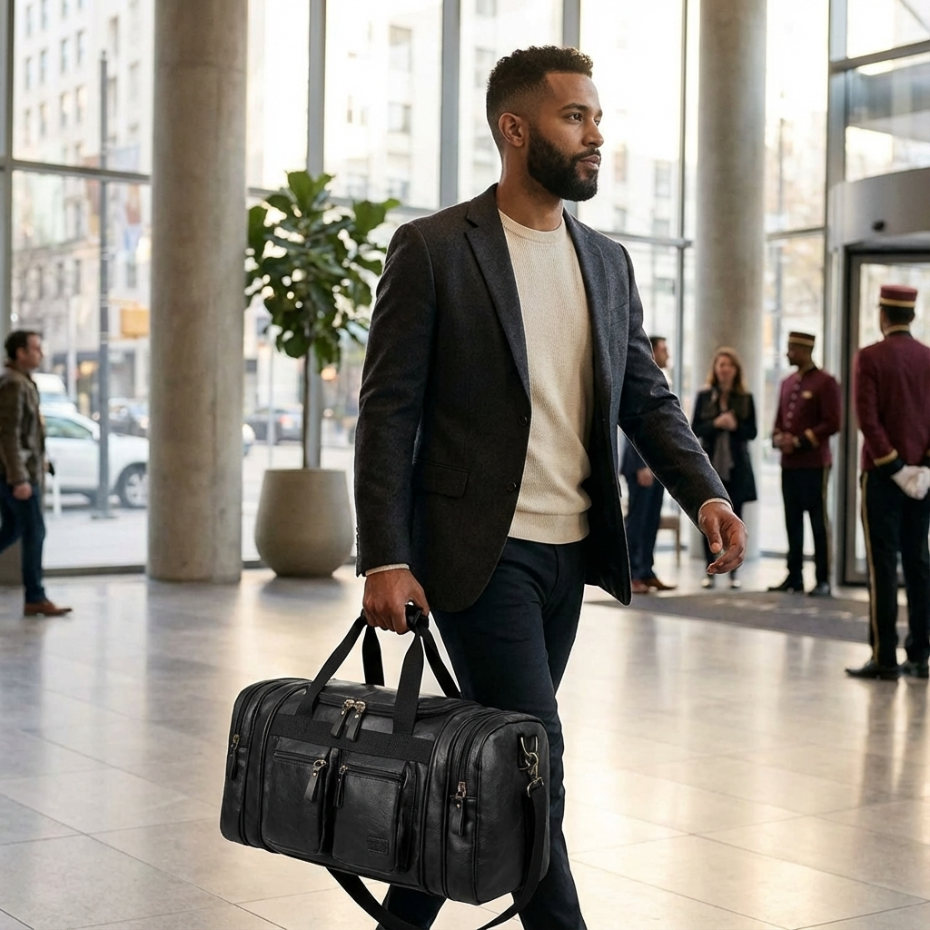 Elegante Bolso de Viaje de Cuero tipo Duffel Weekender – 40L Expandible de Cabina