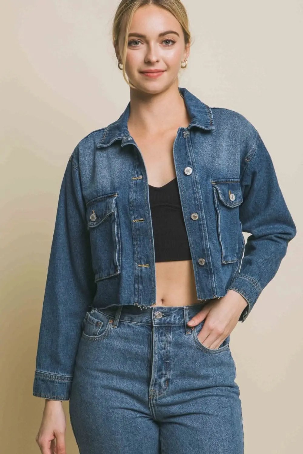 Trendsi Cropped Denim Jacket Raw Hem — Women's Button Up Outerwear