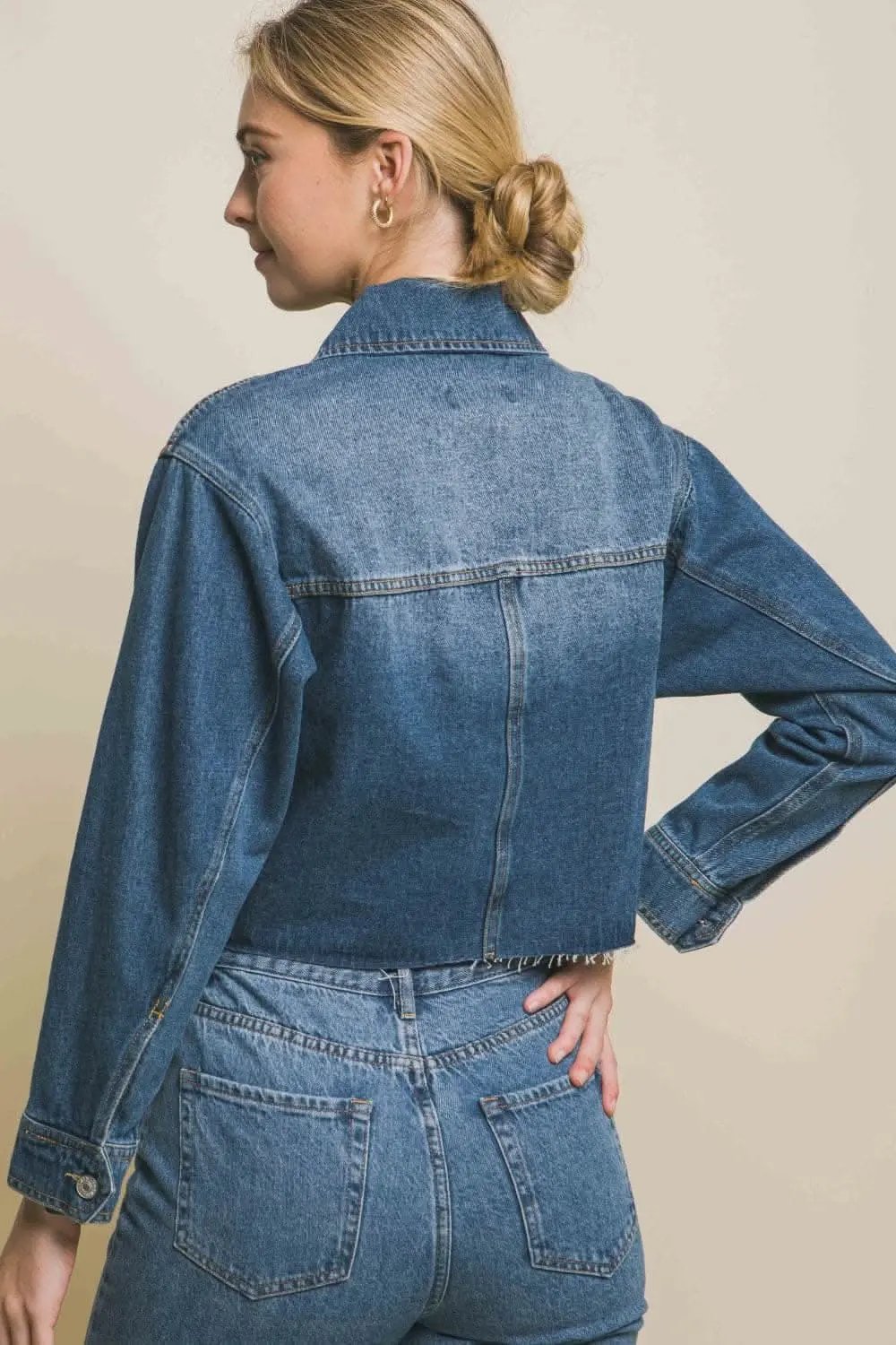 Trendsi Cropped Denim Jacket Raw Hem — Women's Button Up Outerwear