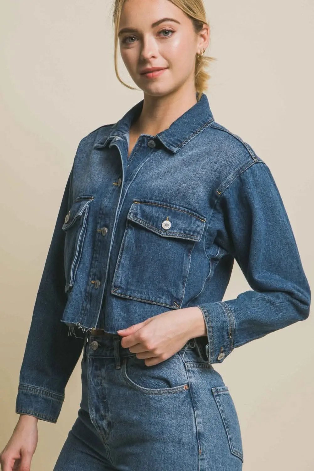 Trendsi Cropped Denim Jacket Raw Hem — Women's Button Up Outerwear