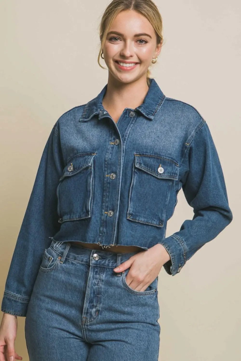 Trendsi Cropped Denim Jacket Raw Hem — Women's Button Up Outerwear