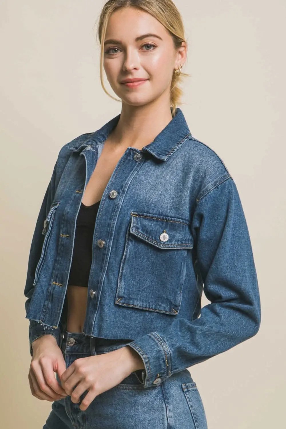 Trendsi Cropped Denim Jacket Raw Hem — Women's Button Up Outerwear