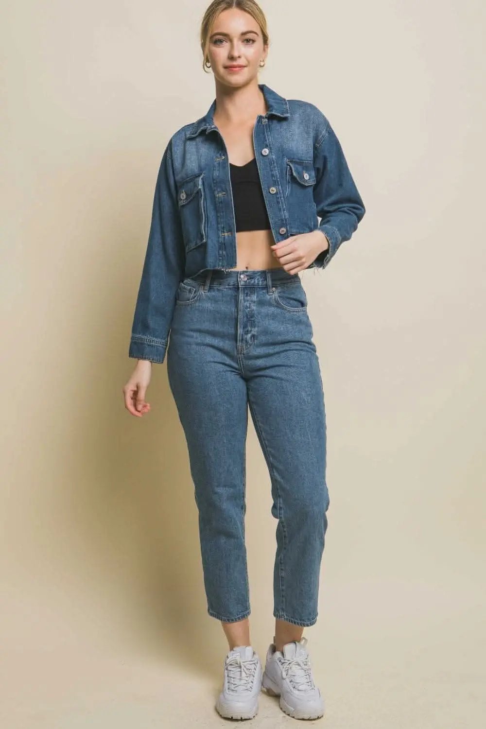 Trendsi Cropped Denim Jacket Raw Hem — Women's Button Up Outerwear