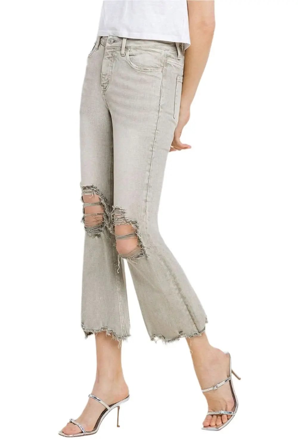 T-Shirts Trendsi Lovervet Distressed Jeans Women's Cropped Flare Jeans USA Ship