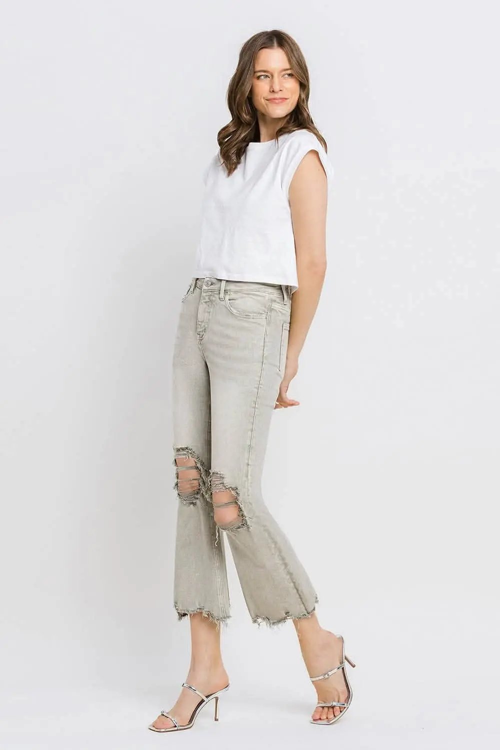 T-Shirts Trendsi Lovervet Distressed Jeans Women's Cropped Flare Jeans USA Ship