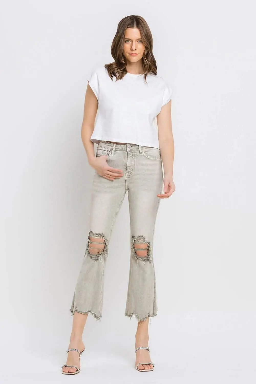 T-Shirts Trendsi Lovervet Distressed Jeans Women's Cropped Flare Jeans USA Ship