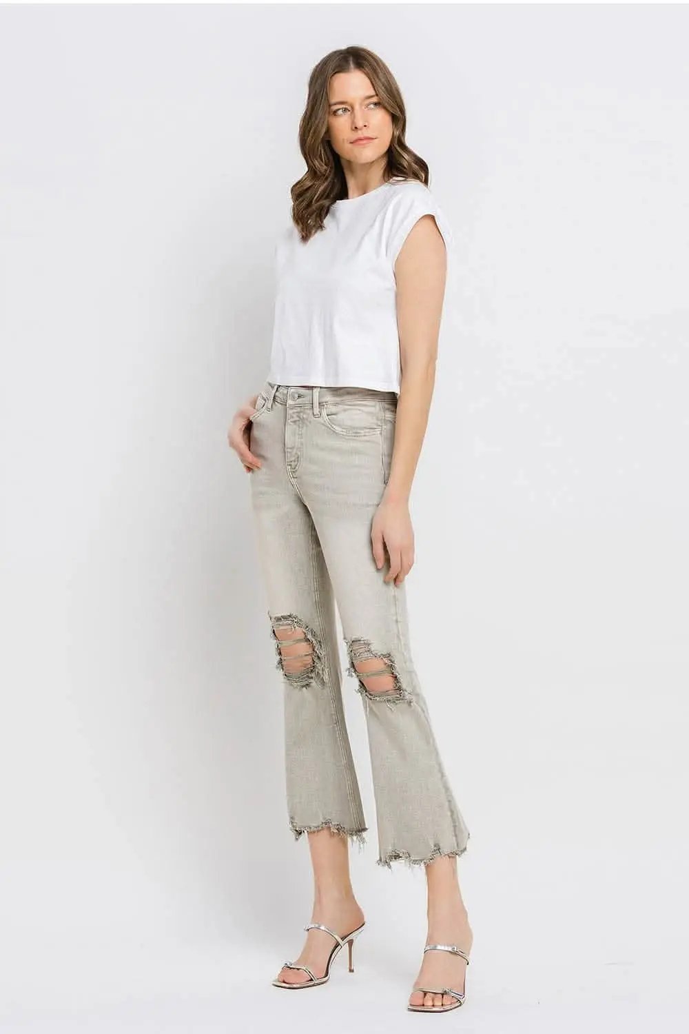 T-Shirts Trendsi Lovervet Distressed Jeans Women's Cropped Flare Jeans USA Ship