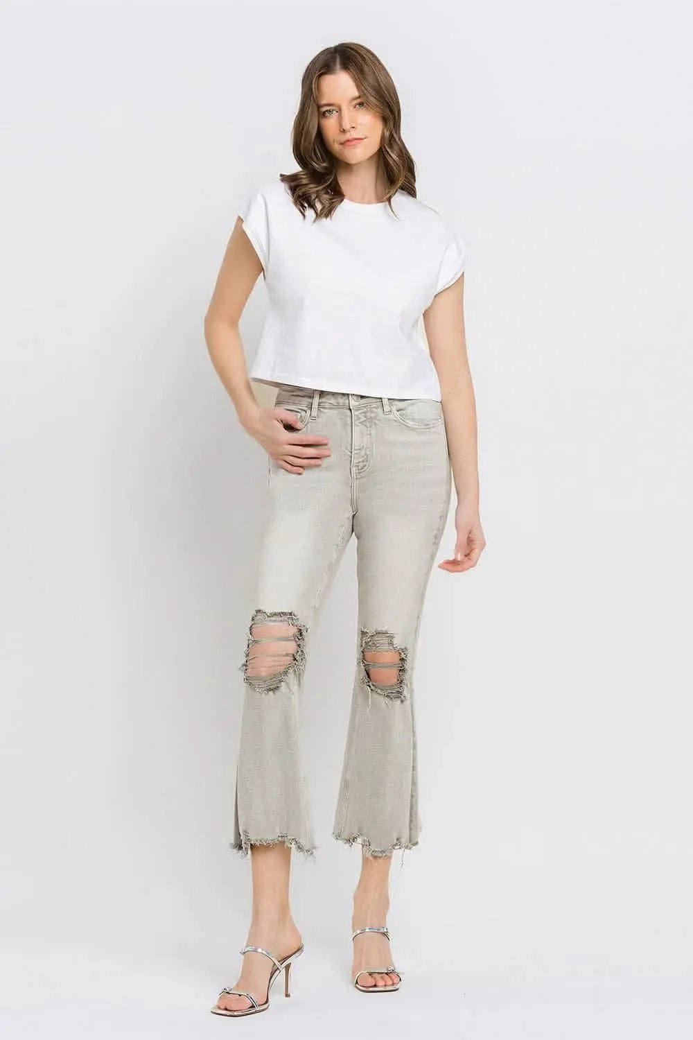 T-Shirts Trendsi Lovervet Distressed Jeans Women's Cropped Flare Jeans USA Ship