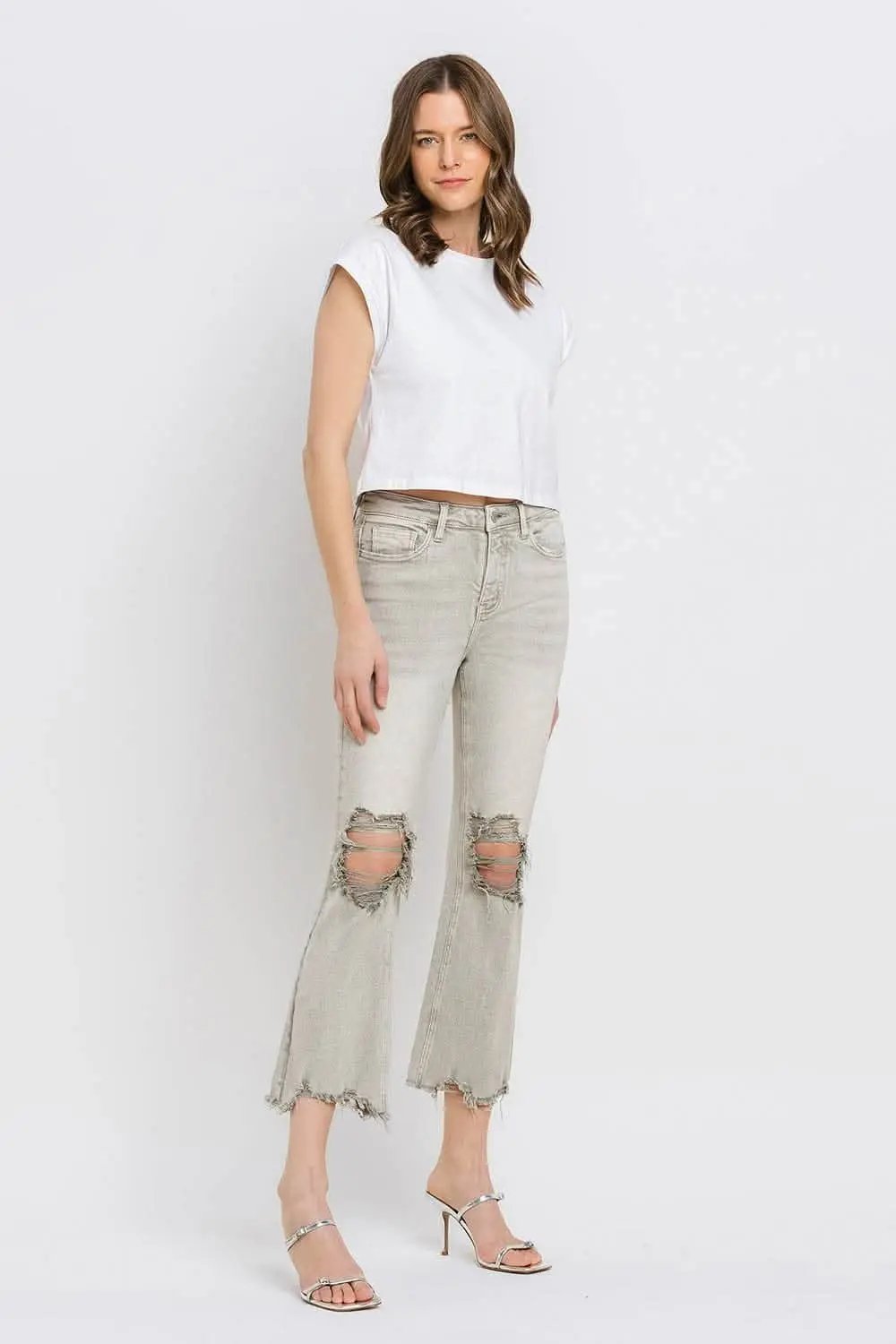 T-Shirts Trendsi Lovervet Distressed Jeans Women's Cropped Flare Jeans USA Ship