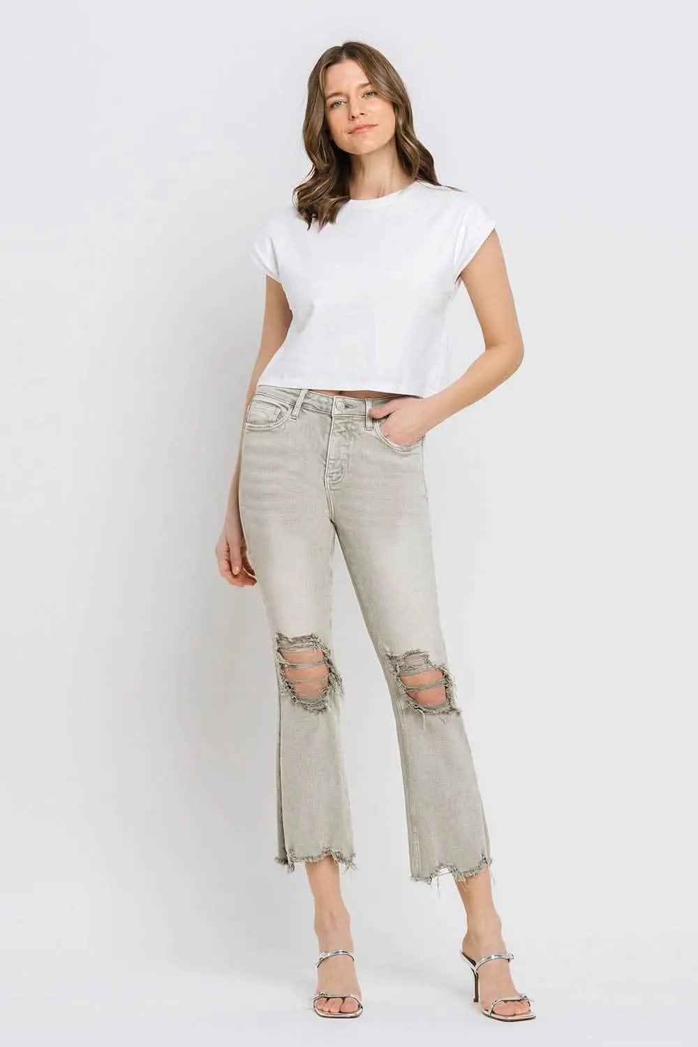 T-Shirts Trendsi Lovervet Distressed Jeans Women's Cropped Flare Jeans USA Ship