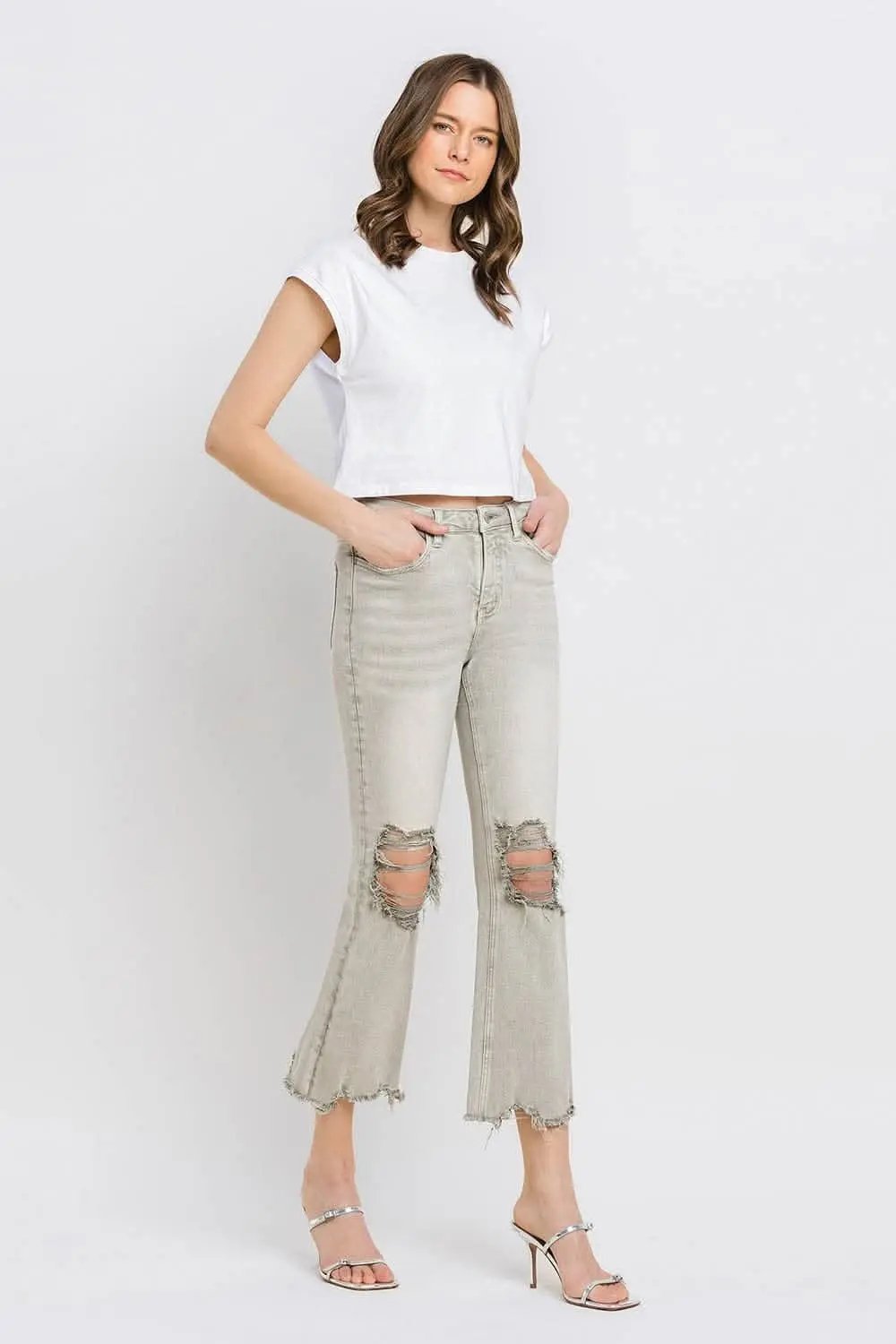 T-Shirts Trendsi Lovervet Distressed Jeans Women's Cropped Flare Jeans USA Ship
