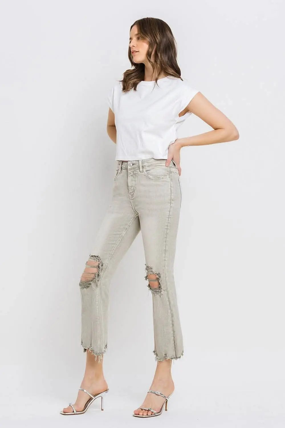 T-Shirts Trendsi Lovervet Distressed Jeans Women's Cropped Flare Jeans USA Ship