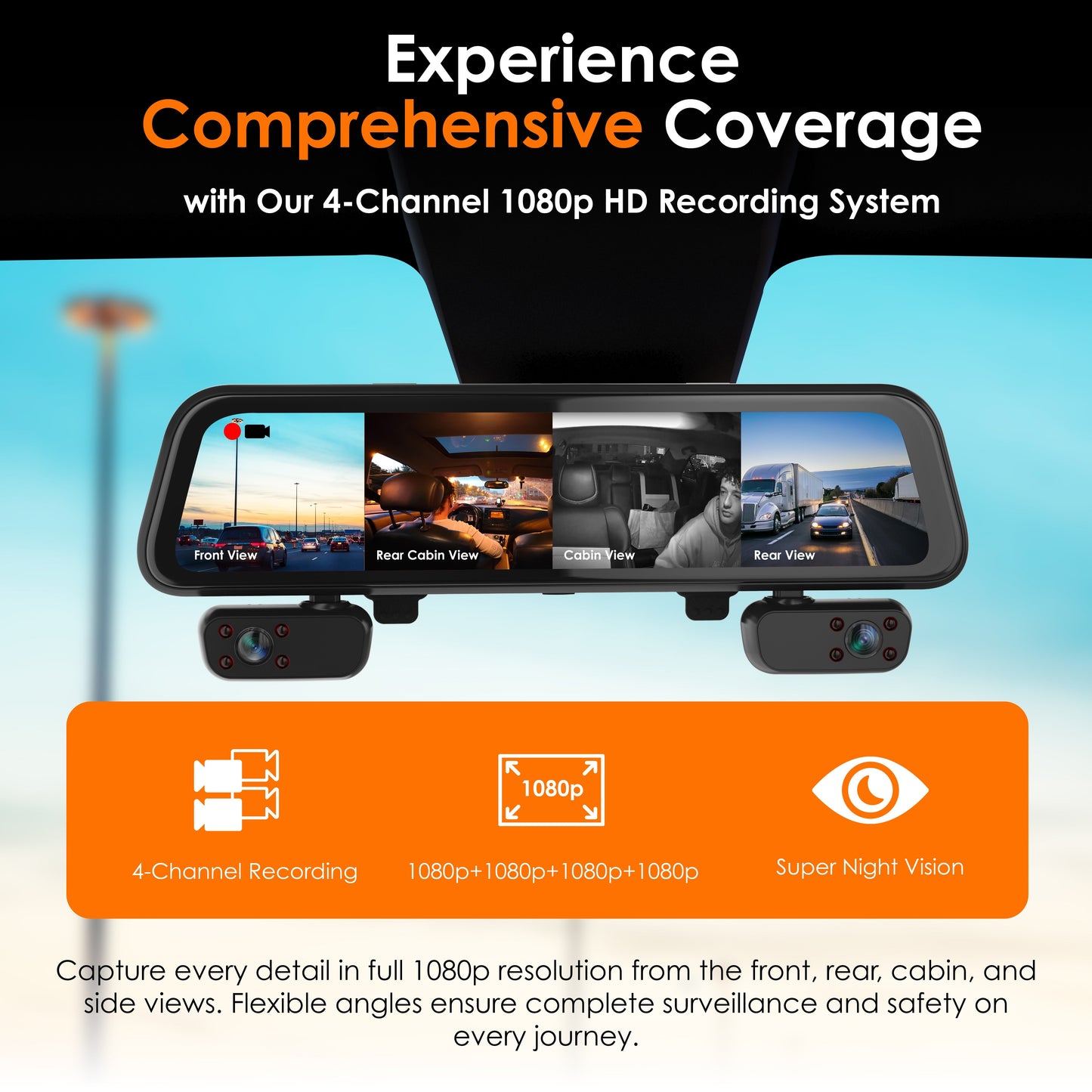 Rexing M4 CÁMARA RETROVISOR DVR DE 4 CANALES con pantalla táctil de 12", 1080p con GPS