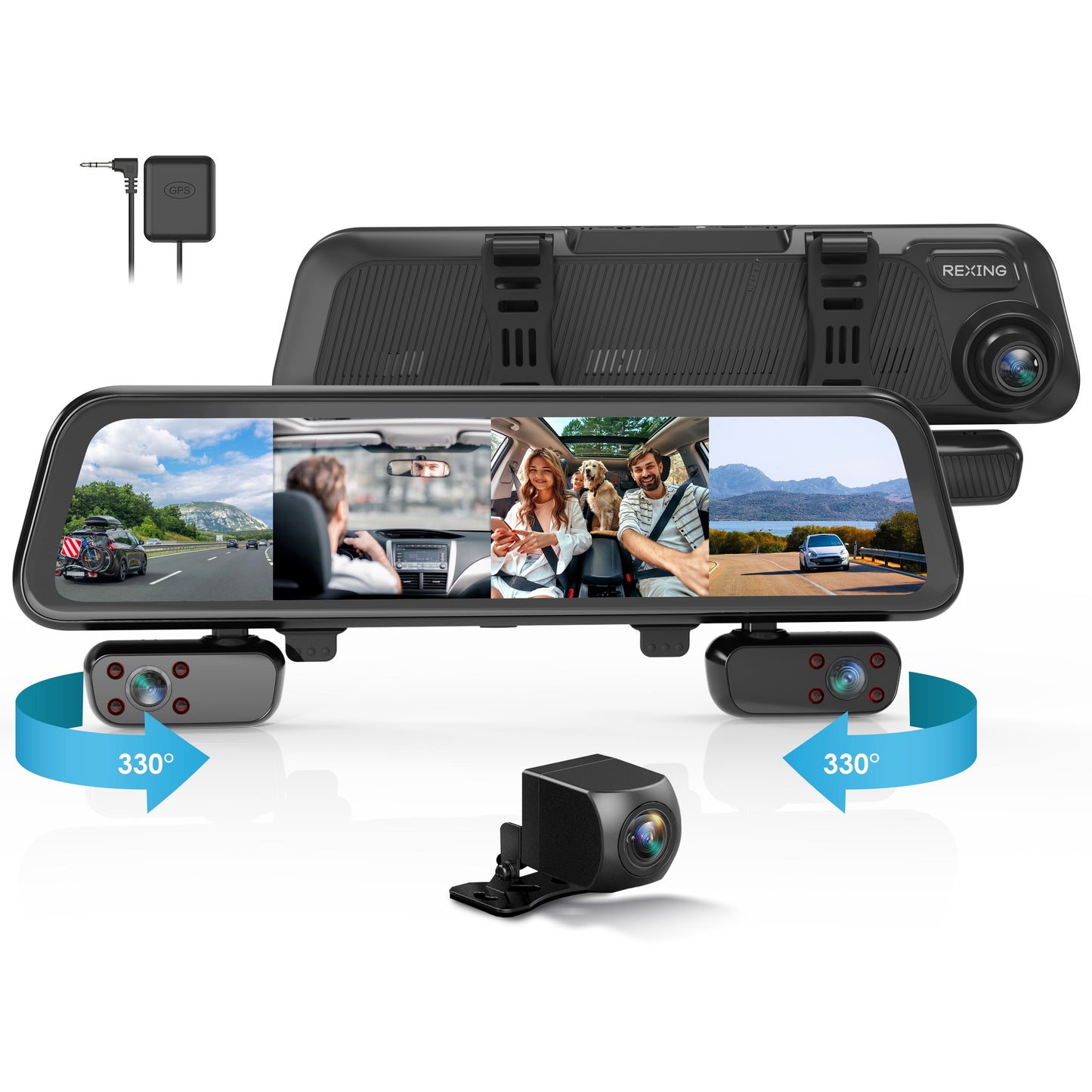 Rexing M4 CÁMARA RETROVISOR DVR DE 4 CANALES con pantalla táctil de 12", 1080p con GPS