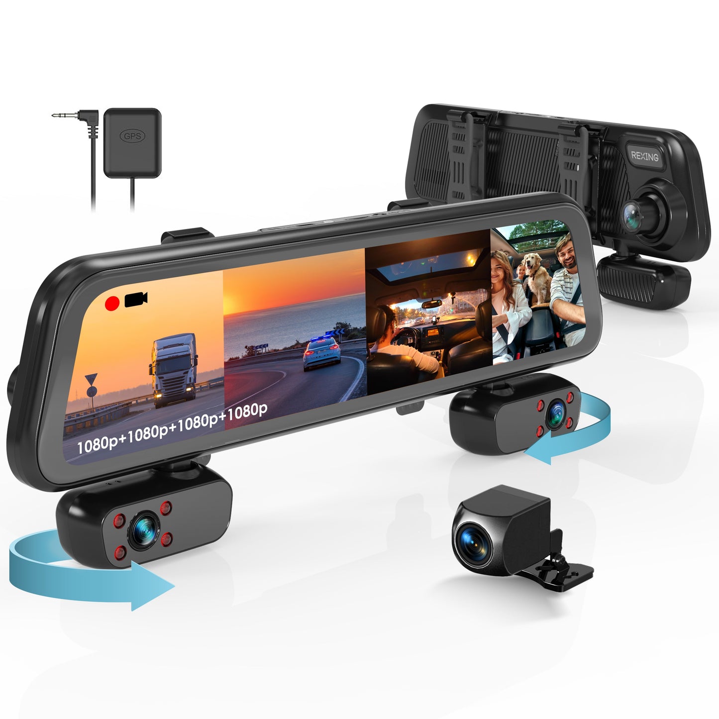 Rexing M4 CÁMARA RETROVISOR DVR DE 4 CANALES con pantalla táctil de 12", 1080p con GPS