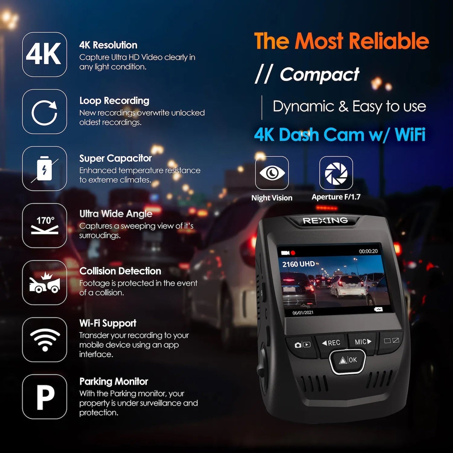 Cámara de salpicadero de coche Rexing V1-4K Ultra HD con Wi-Fi