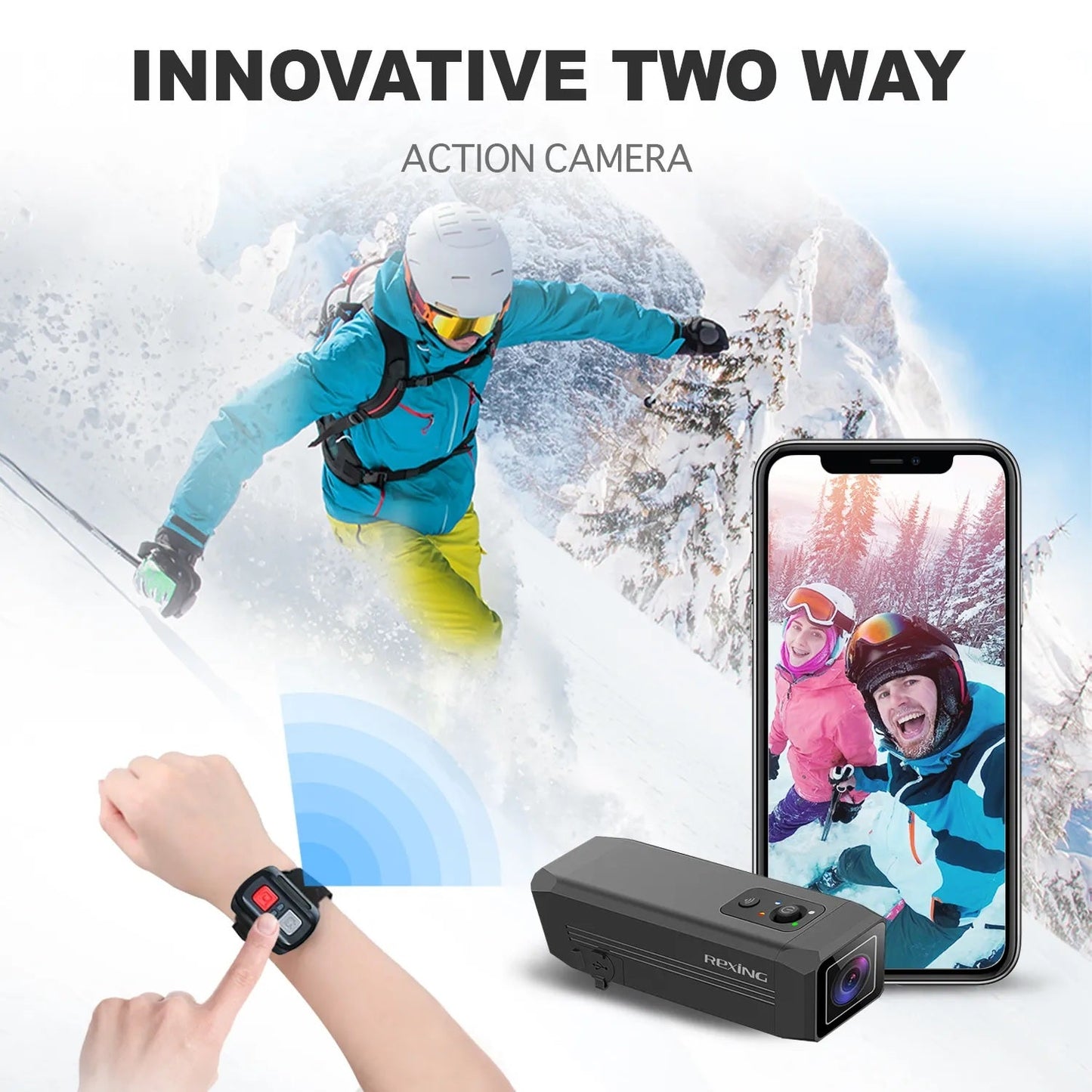 Rexing A1 Cámara de acción bidireccional frontal y trasera 1080p@30fps con conexión Wi-Fi
