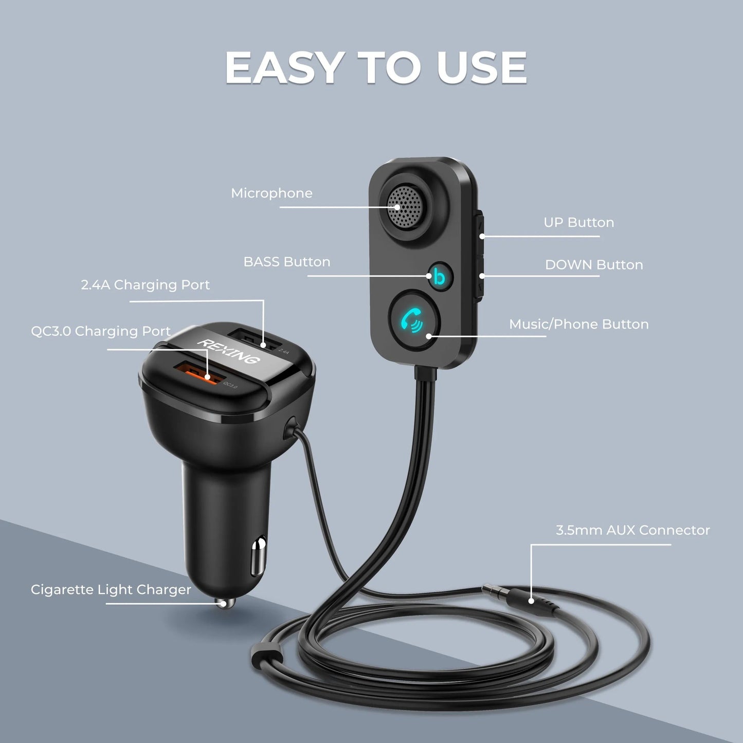 Receptor Bluetooth Mini Rexing AUX2 para coche con Bluetooth 5.1