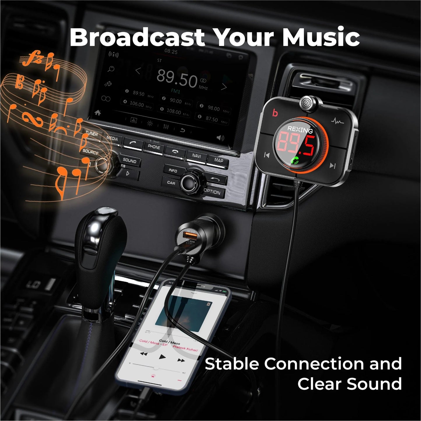 Cargador para auto con transmisor FM Rexing FMT2 con Bluetooth 5.0
