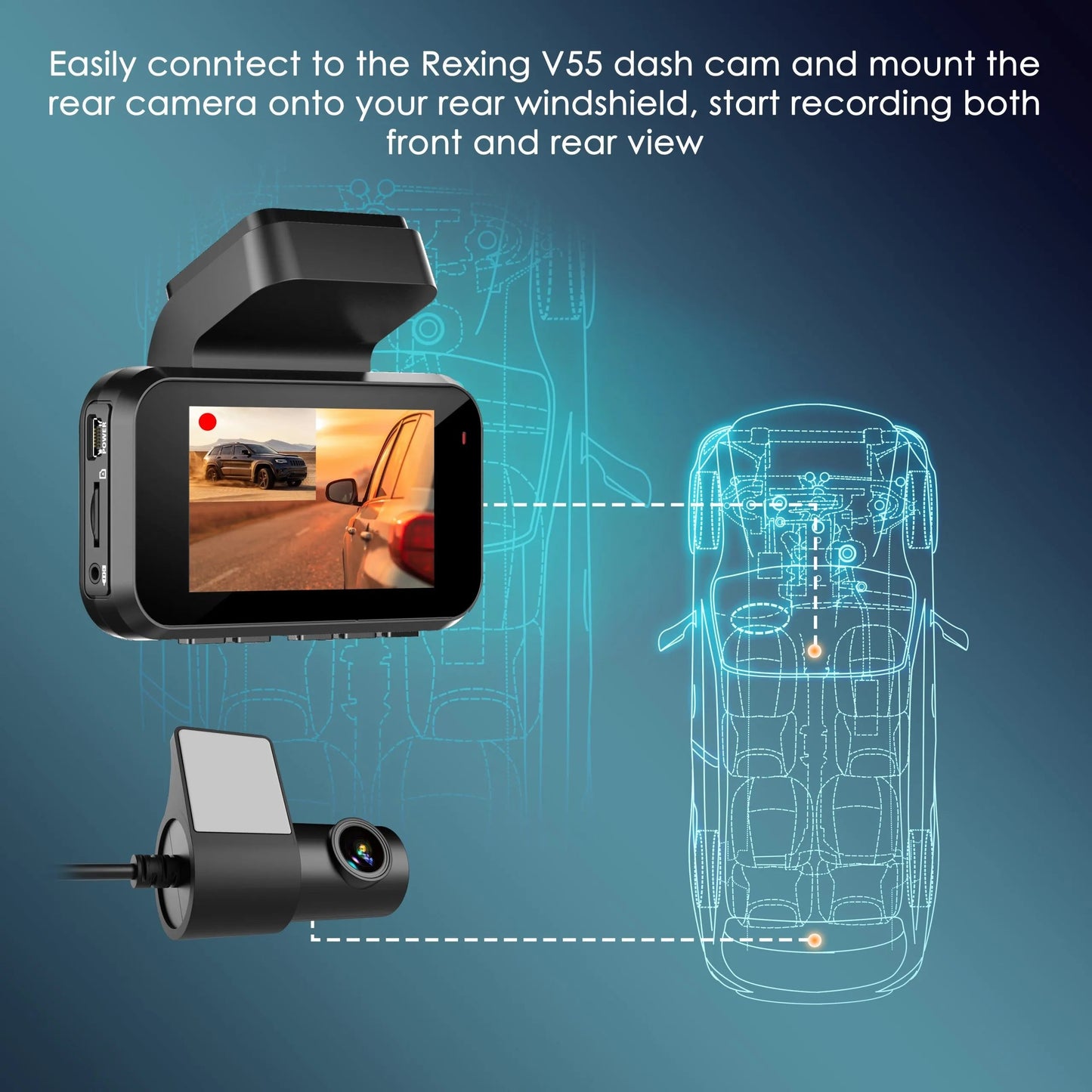 Cámara de visión trasera Rexing para V55 Premium 4K con capacidades modulares, cámara de salpicadero para coche