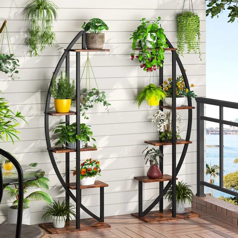 Juego de 2 – Estantería para plantas simétrica moderna de metal y madera con 10 estantes