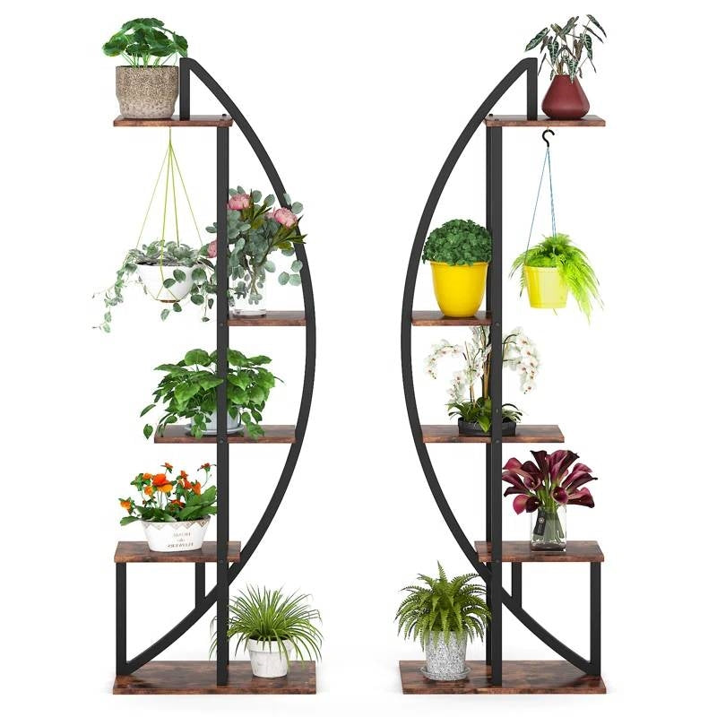 Juego de 2 – Estantería para plantas simétrica moderna de metal y madera con 10 estantes