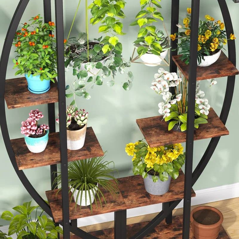 Juego de 2 – Estantería para plantas simétrica moderna de metal y madera con 10 estantes