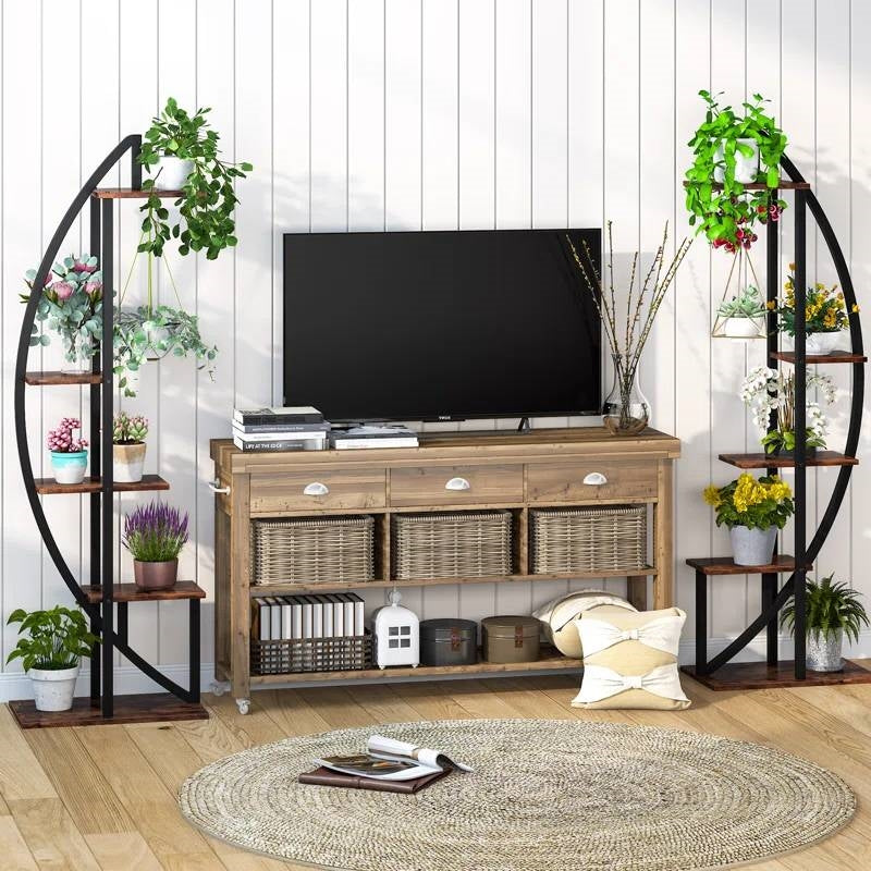 Juego de 2 – Estantería para plantas simétrica moderna de metal y madera con 10 estantes