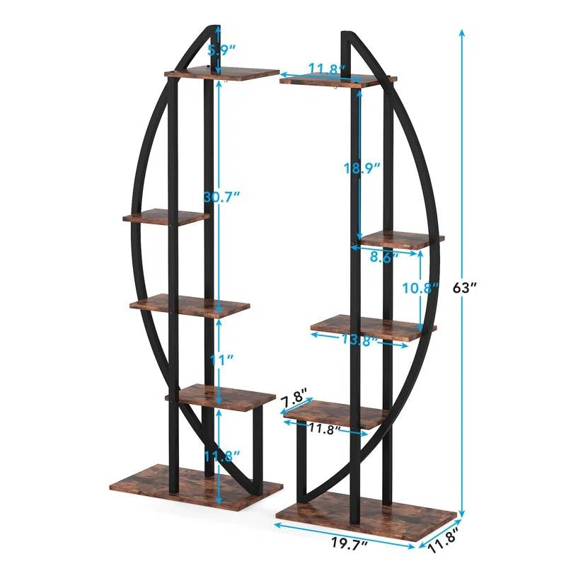 Juego de 2 – Estantería para plantas simétrica moderna de metal y madera con 10 estantes