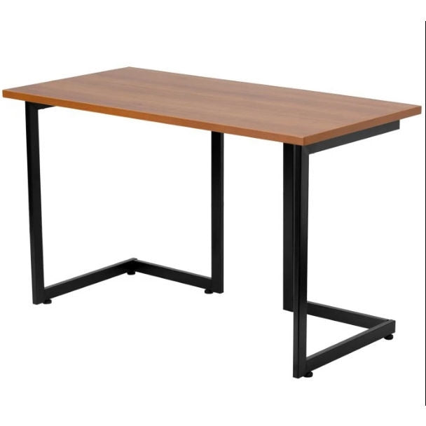 Escritorio moderno para computadora con estructura de metal negro y superficie con acabado en madera de cerezo