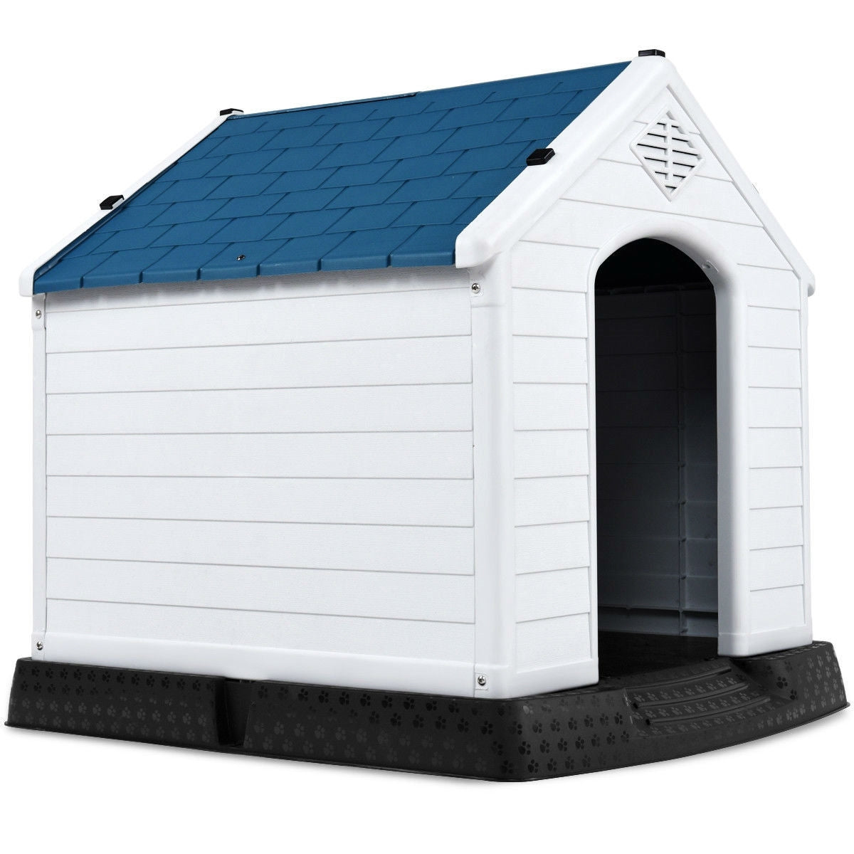 Casa de Perro de Tamaño Mediano para Exterior, Plástico Blanco y Azul con Suelo Elevado